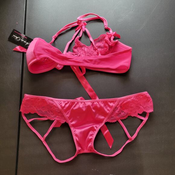 NEW One size fits most soft lace tie bra with panty hot pink - Picture 4 of 4